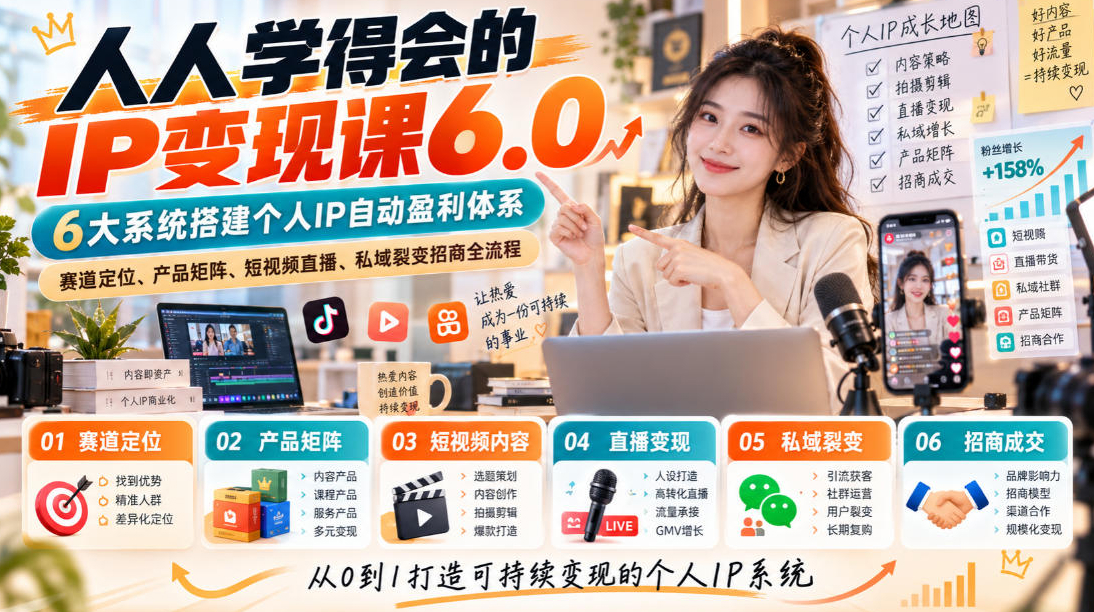 人人学得会的IP变现课6.0，6大系统搭建个人IP自动盈利体系，赛道定位、产品矩阵、短视频直播、私域裂变招商全流程