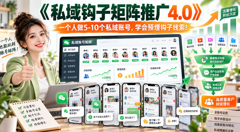 《私域钩子矩阵推广4.0》一个人做5-10个私域账号，学会预埋钩子线索！