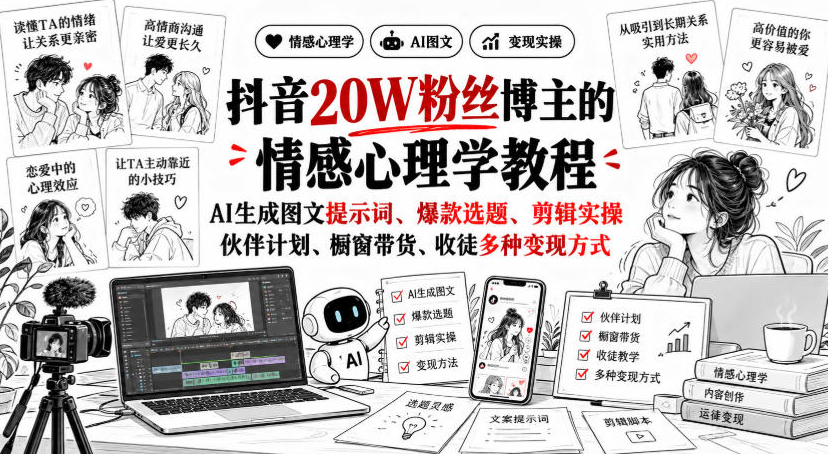 抖音20W粉丝博主静候心声的情感心理学教程，AI生成图文提示词、爆款选题、剪辑实操