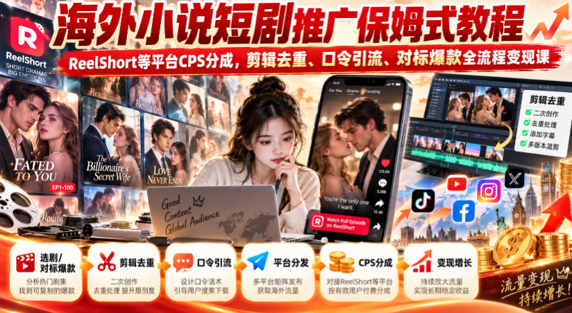 海外小说短剧推广保姆式教程｜ReelShort等平台CPS分成，剪辑去重、口令引流、对标爆款全流程变现课