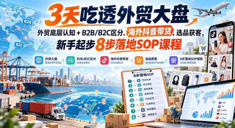 3天吃透外贸大盘，外贸底层认知+B2B/B2C区分、海外抖音带货、选品获客，新手起步8步落地SOP课程
