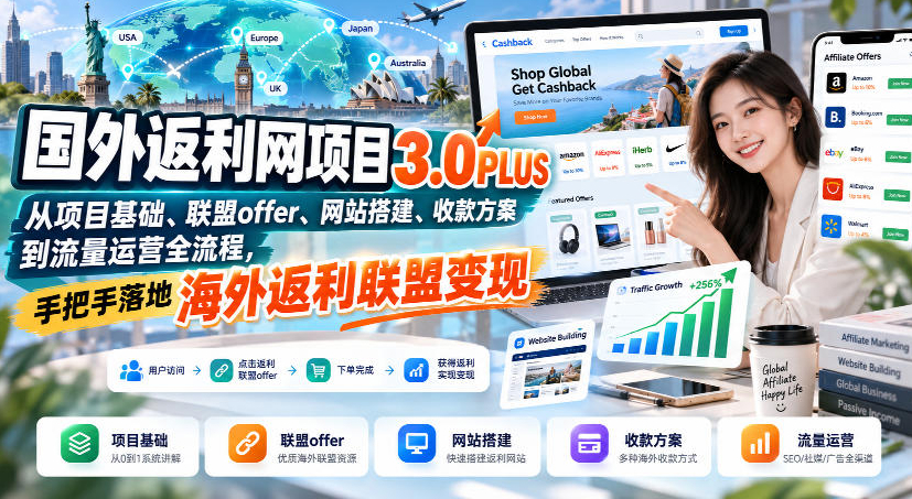 国外返利网项目3.0PLUS，从项目基础、联盟offer、网站搭建、收款方案到流量运营全流程，手把手落地海外返利联盟变现