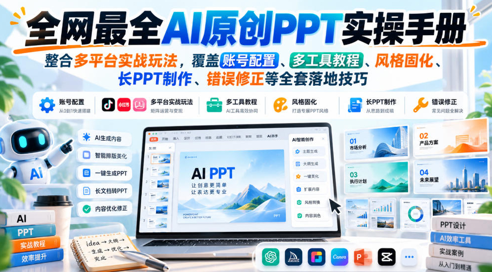 全网最全AI原创PPT实操手册，整合多平台实战玩法，覆盖账号配置、多工具教程、风格固化、长PPT制作、错误修正等全套落地技巧
