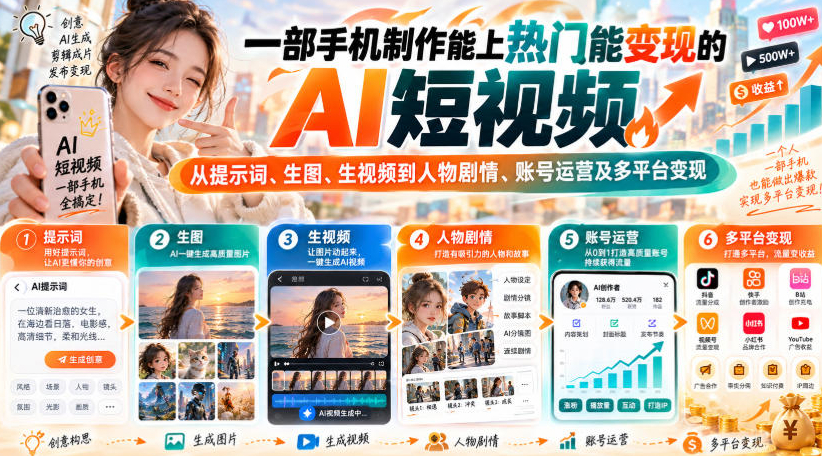 一部手机制作能上热门能变现的AI短视频，从提示词、生图、生视频到人物剧情、账号运营及多平台变现