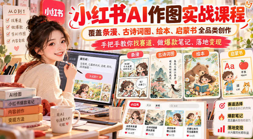 千立·小红书AI作图实战课程，覆盖条漫、古诗词图、绘本、启蒙书全品类创作，手把手教你找赛道、做爆款笔记、落地变现