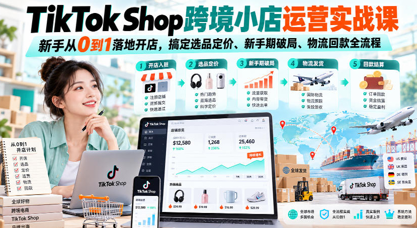 美迪电商TikTok Shop跨境小店运营实战课，新手从0到1落地开店，搞定选品定价、新手期破局、物流回款全流程