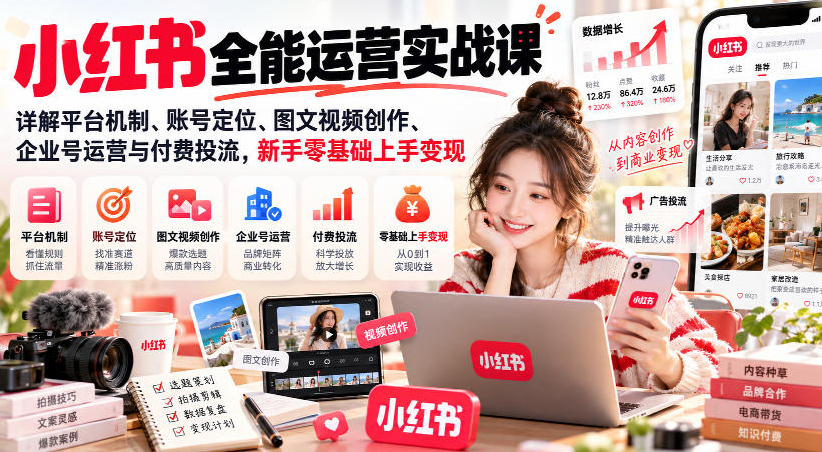 小红书全能运营实战课，详解平台机制、账号定位、图文视频创作、企业号运营与付费投流，新手零基础上手变现