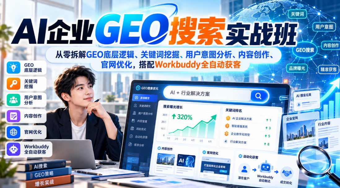 AI企业GEO搜索实战班，从零拆解GEO底层逻辑、关键词挖掘、用户意图分析、内容创作、官网优化，搭配Workbuddy全自动获客