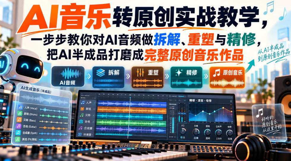 AI音乐转原创实战教学，一步步教你对AI音频做拆解、重塑与精修，把AI半成品打磨成完整原创音乐作品