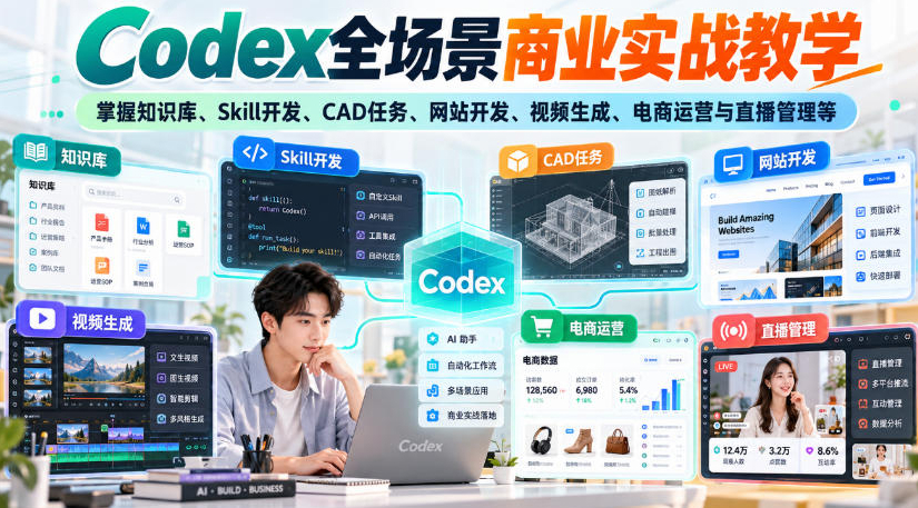 Codex全场景商业实战教学，掌握知识库、Skill开发、CAD任务、网站开发、视频生成、电商运营与直播管理等