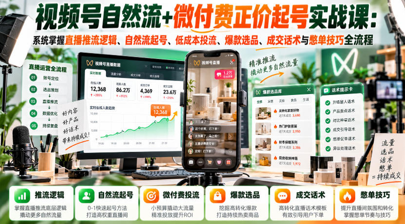 视频号自然流+微付费正价起号实战课：系统掌握直播推流逻辑、自然流起号、低成本投流、爆款选品、成交话术与憋单技巧全流程