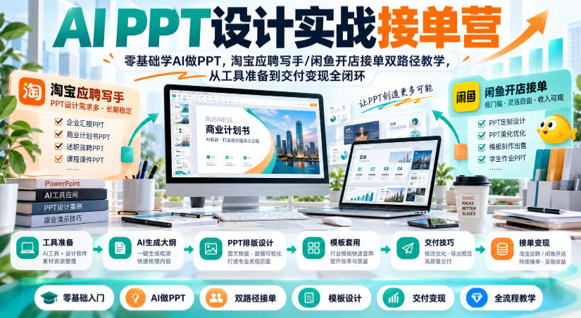 AI PPT设计实战接单营｜零基础学AI做PPT，淘宝应聘写手/闲鱼开店接单双路径教学，从工具准备到交付变现全闭环