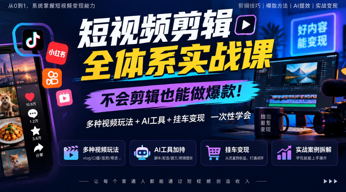短视频剪辑全体系实战课，不会剪辑也能做爆款，多种视频玩法+AI工具+挂车变现一次性学