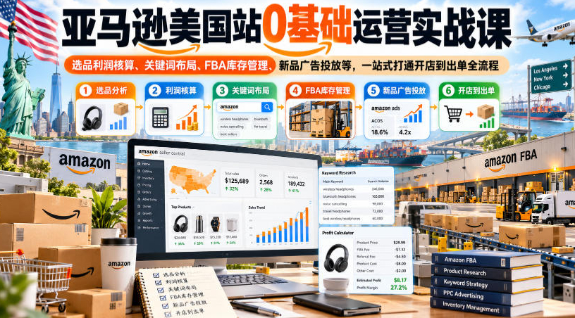 亚马逊美国站0基础运营实战课｜选品利润核算、关键词布局、FBA库存管理、新品广告投放等，一站式打通开店到出单全流程