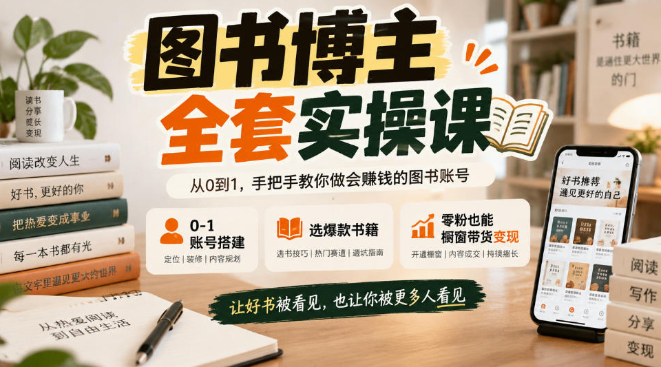 图书博主全套实操课，0 1账号搭建，选爆款书籍，零粉也能橱窗带货变现