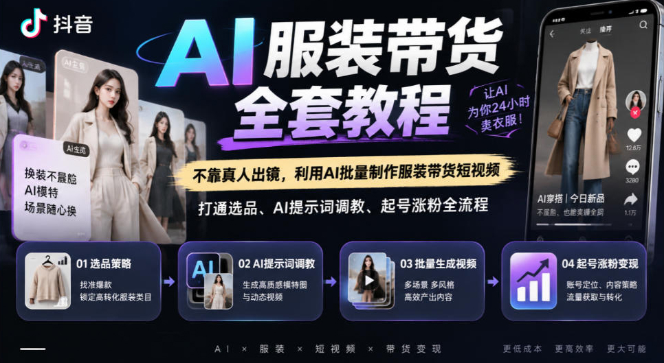 抖音AI服装带货全套教程，不靠真人出镜，利用AI批量制作服装带货短视频，打通选品、AI提示词调教、起号涨粉全流程