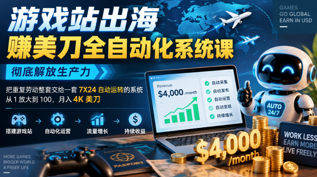 游戏站出海賺美刀全自动化系统课，彻底解放生产力–把重复劳动整套交给一套7X24自动运转的系统，从1放大到100