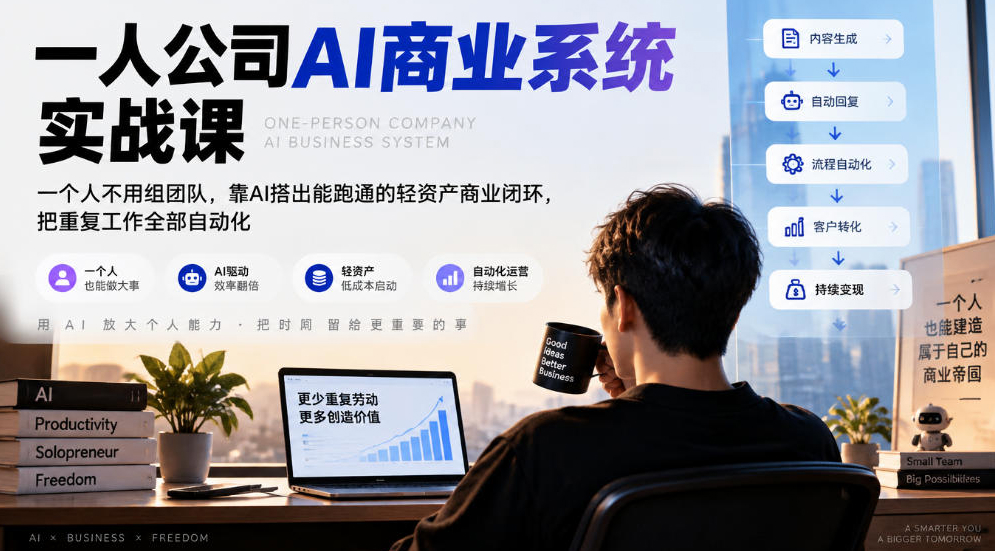 一人公司AI商业系统实战课，一个人不用组团队，靠AI搭出能跑通的轻资产商业闭环，把重复工作全部自动化
