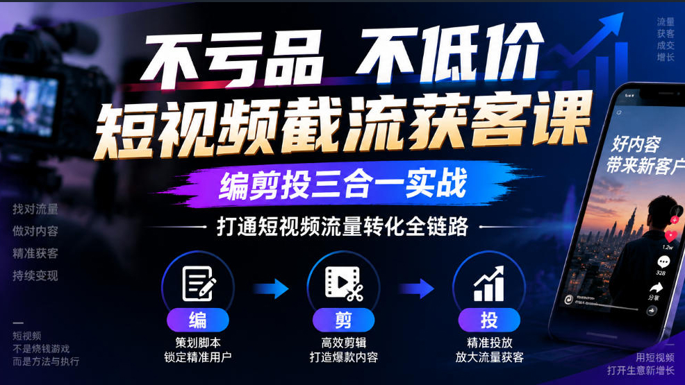 不亏品不低价短视频截流获客课，编剪投三合一实战，打通短视频流量转化全链路