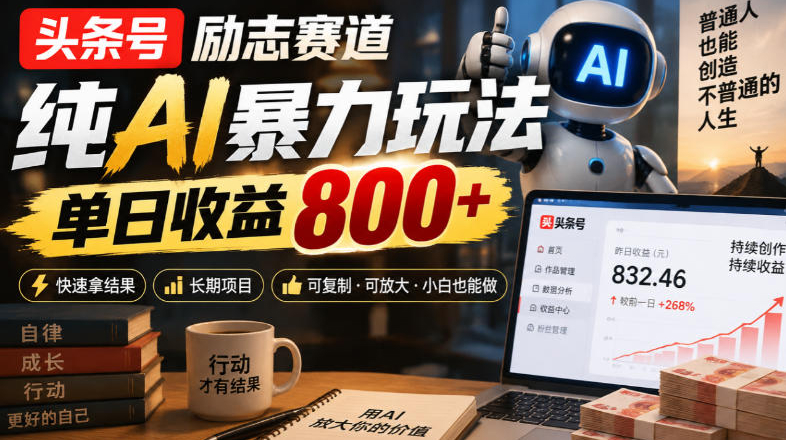 头条号励志赛道,纯AI暴力玩法,单日收益800+,快速拿结果,长期项目