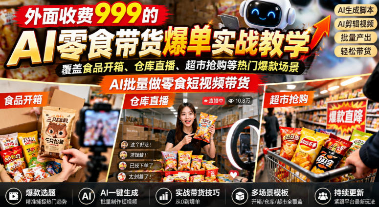 外面收费999的AI零食带货爆单实战教学,覆盖食品开箱、仓库直播、超市抢购等热门爆款场景,AI批量做零食短视频带货