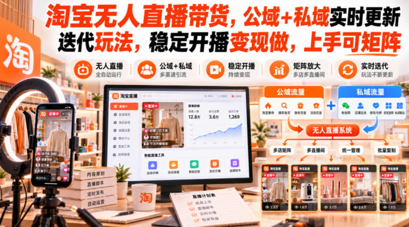 淘宝无人直播带货,公域+私域实时更新迭代玩法,稳定开播变现做,上手可矩阵【揭秘】