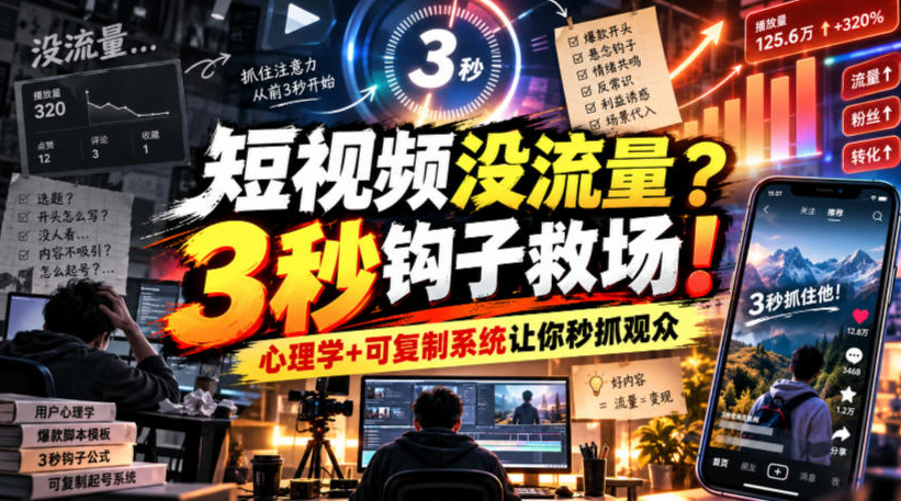 短视频没流量？3秒钩子救场！心理学+可复制系统让你秒抓观众【原创双语字幕】