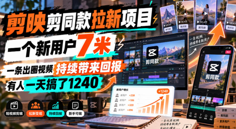剪映剪同款拉新项目,一个新用户7米,一条出圈视频持续带来回报