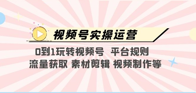 视频号实操运营，0到1玩转视频号 平台规则 流量获取 素材剪辑 视频制作等